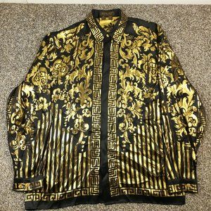 Vintage Seta Per Uomo Shirt Silk Metallic Gold Floral L/S Button Up Mens XL